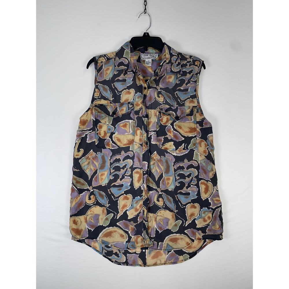 Leena Studio Shirt Womens Medium Black Floral Silk Sleeveless Button Front Top